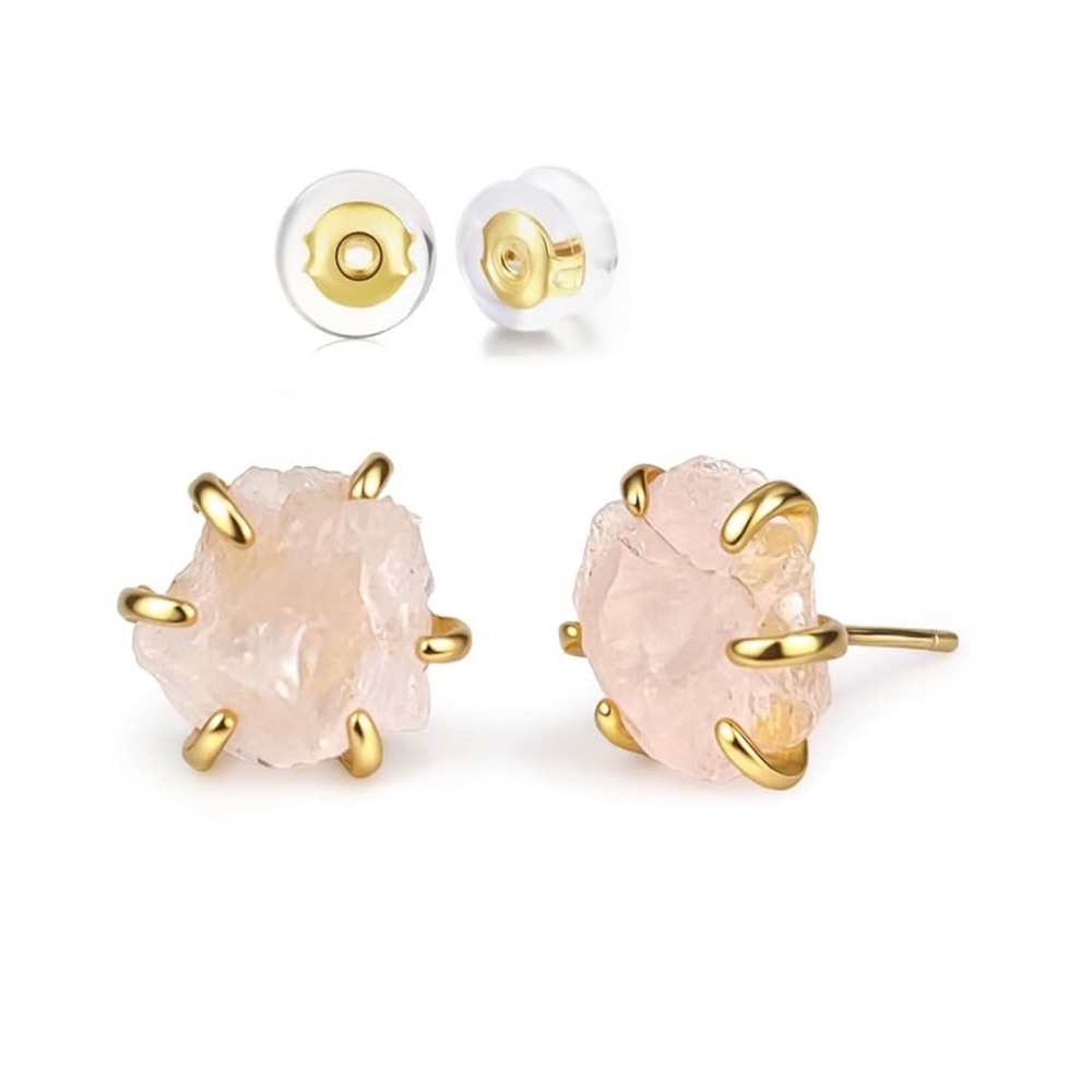 Natural Rose Quartz Raw Gemstone Handmade Prong Setting Stud Earrings in Gold